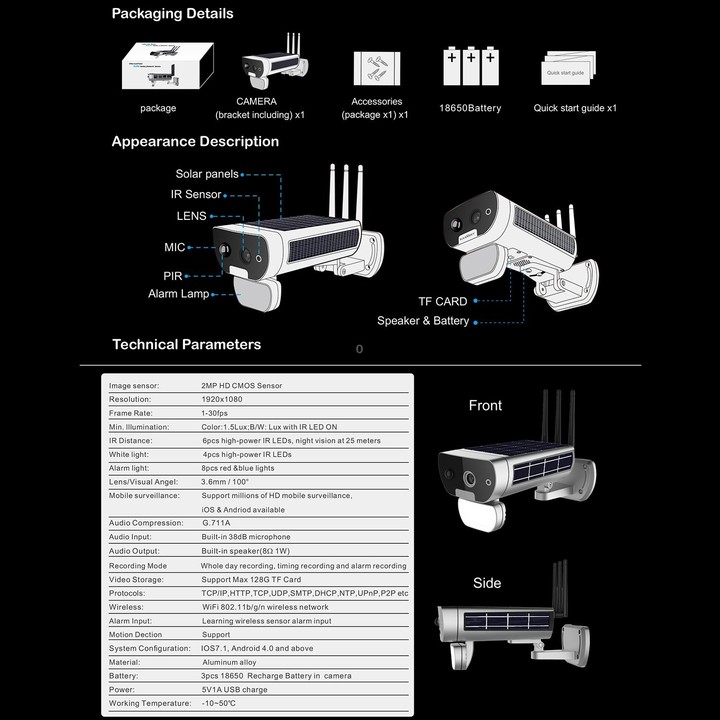 T8 1080P Full HD Solar Battery Ultra Low Power Sound Light Alarm Network Camera, Support Motion Detection, Night Vision, Two Way