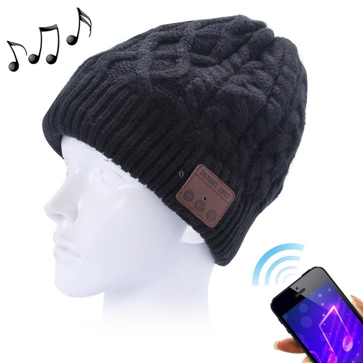 Wavy Textured Knitted Bluetooth Headset Warm Winter Beanie Hat with Mic for Boy & Girl & Adults(Black)