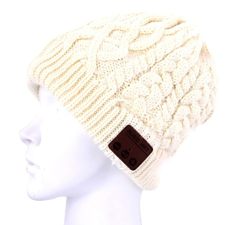 Wavy Textured Knitted Bluetooth Headset Warm Winter Beanie Hat with Mic for Boy & Girl & Adults(White)