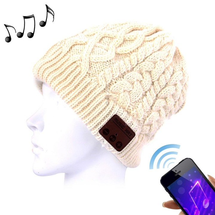 Wavy Textured Knitted Bluetooth Headset Warm Winter Beanie Hat with Mic for Boy & Girl & Adults(White)
