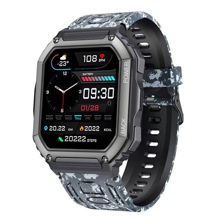 KR06 Waterproof Pedometer Sport Smart Watch, Support Heart Rate / Blood Pressure Monitoring / BT Calling (Camouflage Black)