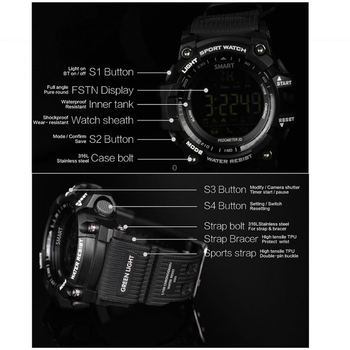EX16 1.12 Inch FSTN LCD Full Angle Screen Display Sport Smart Watch, IP67 Waterproof, Support Pedometer / Stopwatch / Alarm / No