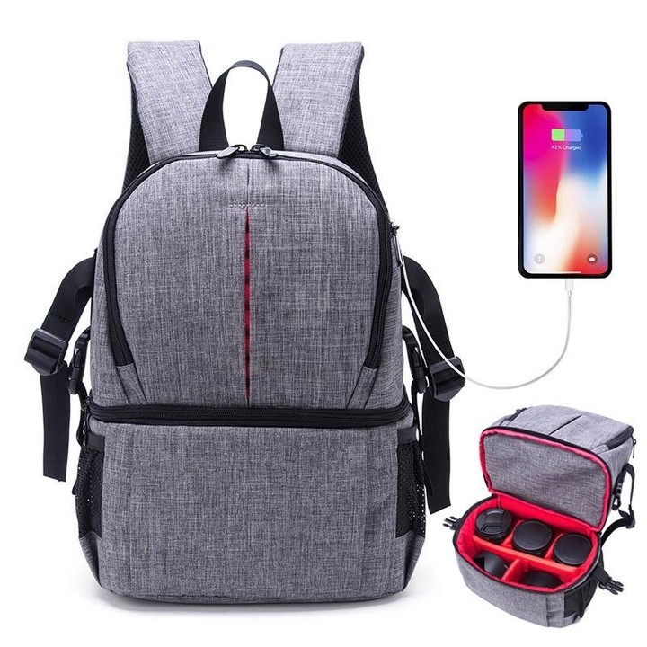 Multi-functional Waterproof Nylon Shoulder Backpack Padded Shockproof Camera Case Bag for Nikon Canon DSLR Cameras(Grey)