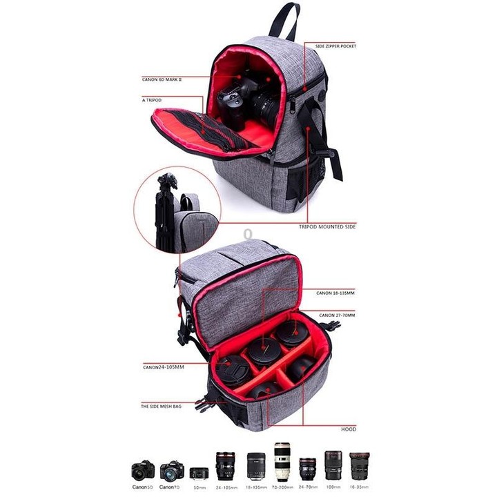 Multi-functional Waterproof Nylon Shoulder Backpack Padded Shockproof Camera Case Bag for Nikon Canon DSLR Cameras(Grey)