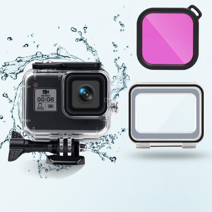 45m Waterproof Case + Touch Back Cover + Color Lens Filter for GoPro HERO8 Black (Purple)