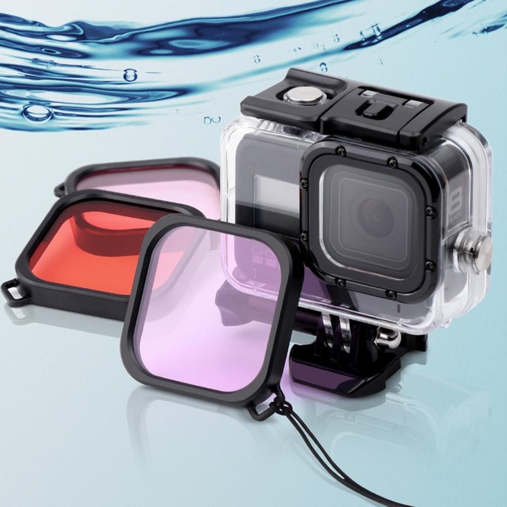 For GoPro HERO8 Black 45m Waterproof Housing Protective Case with Buckle Basic Mount & Screw & (Purple, Red, Pink) Filters & Flo