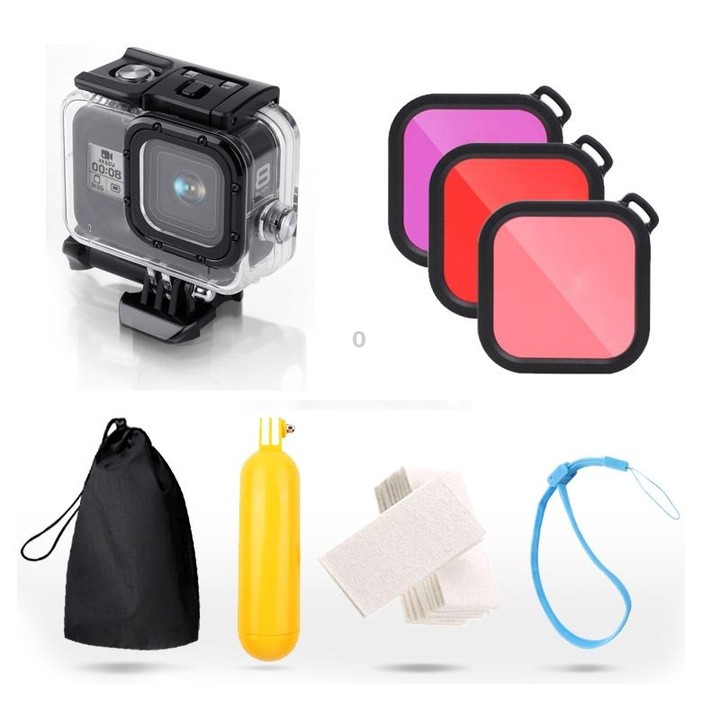 For GoPro HERO8 Black 45m Waterproof Housing Protective Case with Buckle Basic Mount & Screw & (Purple, Red, Pink) Filters & Flo