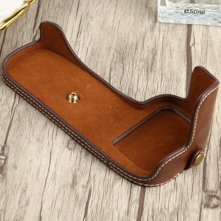 1/4 inch Thread PU Leather Camera Half Case Base for Canon EOS 90D (Coffee)