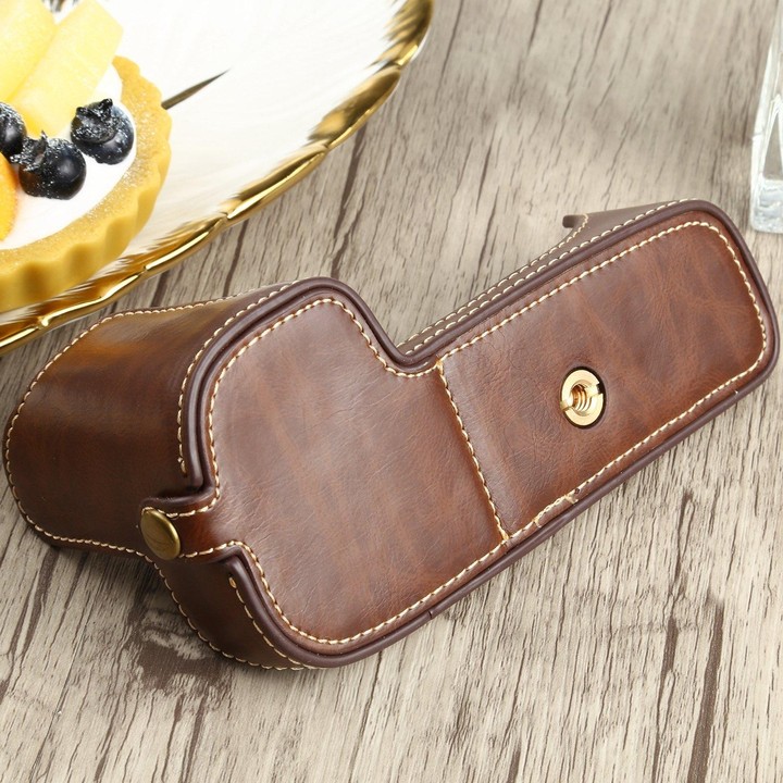 1/4 inch Thread PU Leather Camera Half Case Base for Canon EOS 90D (Coffee)