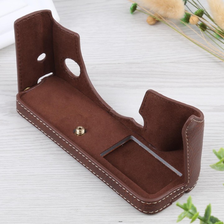 1/4 inch Thread Litchi Texture PU Leather Camera Half Case Base for FUJIFILM X-T4 (Coffee)