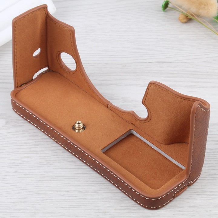 1/4 inch Thread Litchi Texture PU Leather Camera Half Case Base for FUJIFILM X-T4 (Brown)