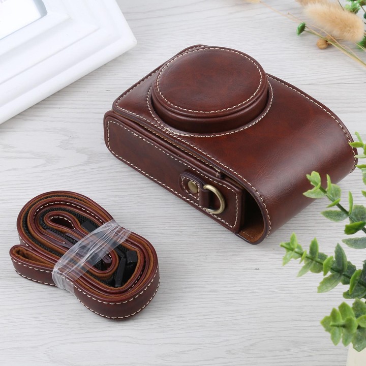 Vertical Flip Full Body Camera PU Leather Case Bag with Strap for Ricoh GR III / GRII, Sony ZV-1 / DSC-RX100M7 / RX100M6 / RX100