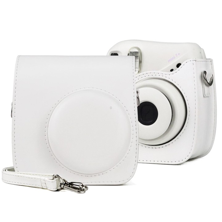 Retro Full Body PU Leather Case Camera Bag with Strap for FUJIFILM instax mini 7+ (White)