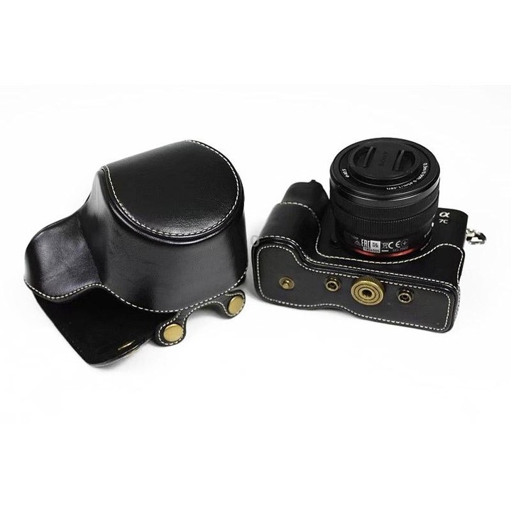 Full Body Camera PU Leather Case Bag for Sony LCE-7C / Alpha 7C / A7C 28-60mm / 40.5mm Lens(Black)