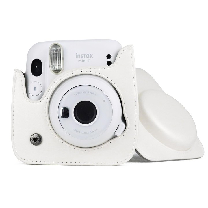 Solid Color Full Body Camera Leather Case Bag with Strap for FUJIFILM Instax mini 11 (White)