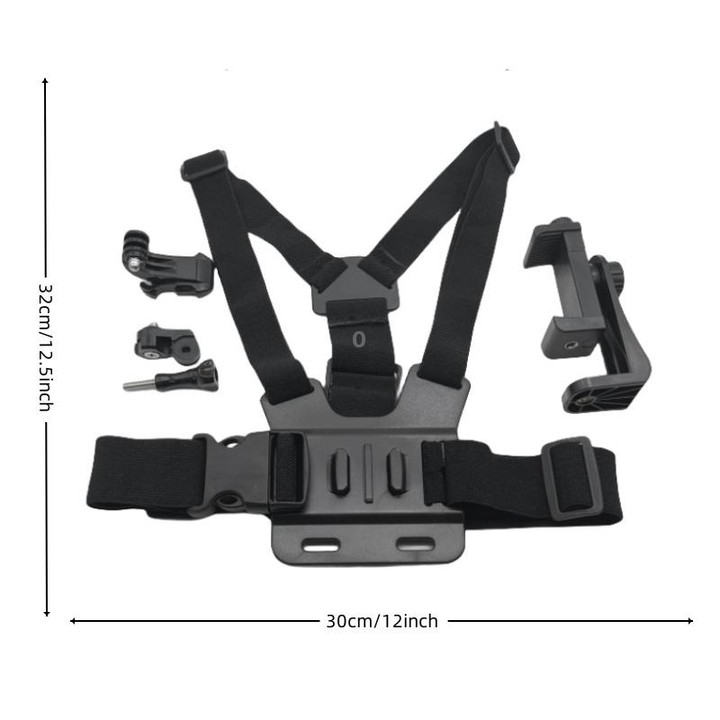 Adjustable Body Mount Belt Chest Strap with Phone Clamp & S-type Adapter & J Hook Mount & Long Screw for GoPro, Insta360, DJI an