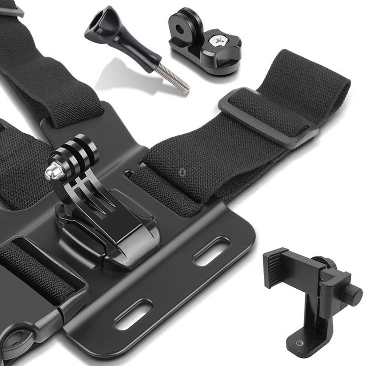 Adjustable Body Mount Belt Chest Strap with Phone Clamp & S-type Adapter & J Hook Mount & Long Screw for GoPro, Insta360, DJI an