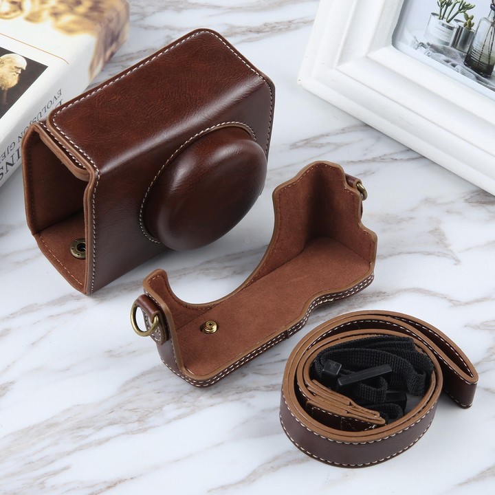 For Sony ZV-1F Vlog Camera Full Body Magnetic Leather Camera Case Bag with Strap (Coffee)