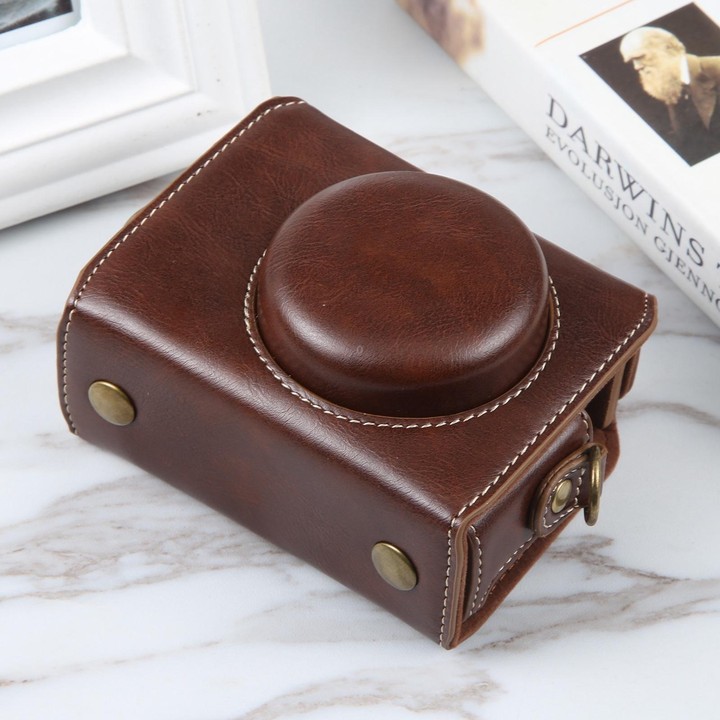 For Sony ZV-1F Vlog Camera Full Body Magnetic Leather Camera Case Bag with Strap (Coffee)