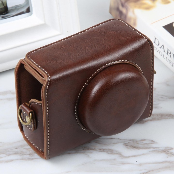 For Sony ZV-1F Vlog Camera Full Body Magnetic Leather Camera Case Bag with Strap (Coffee)