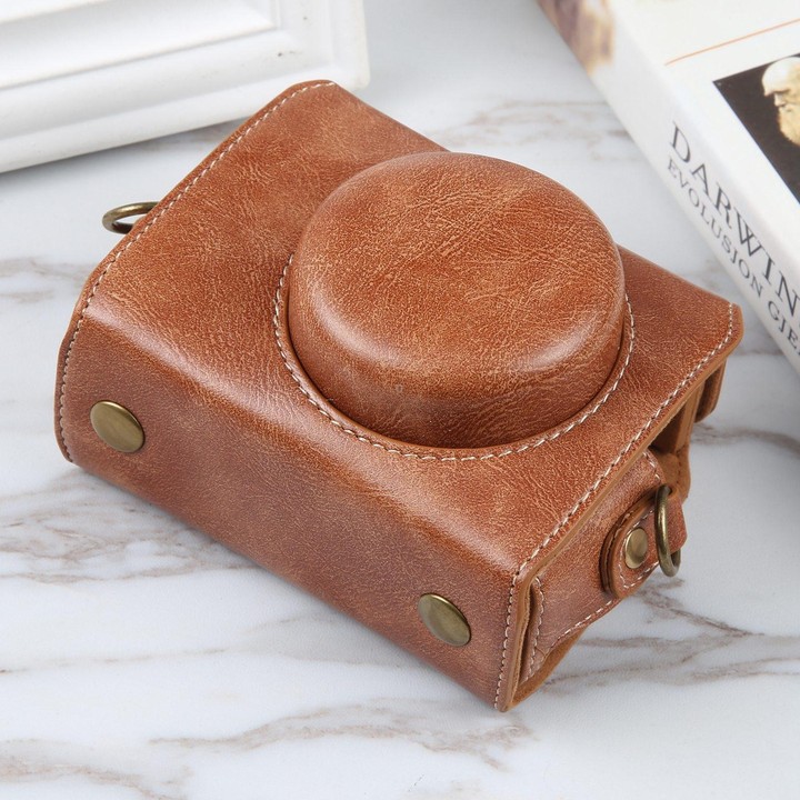 For Sony ZV-1F Vlog Camera Full Body Magnetic Leather Camera Case Bag with Strap(Brown)