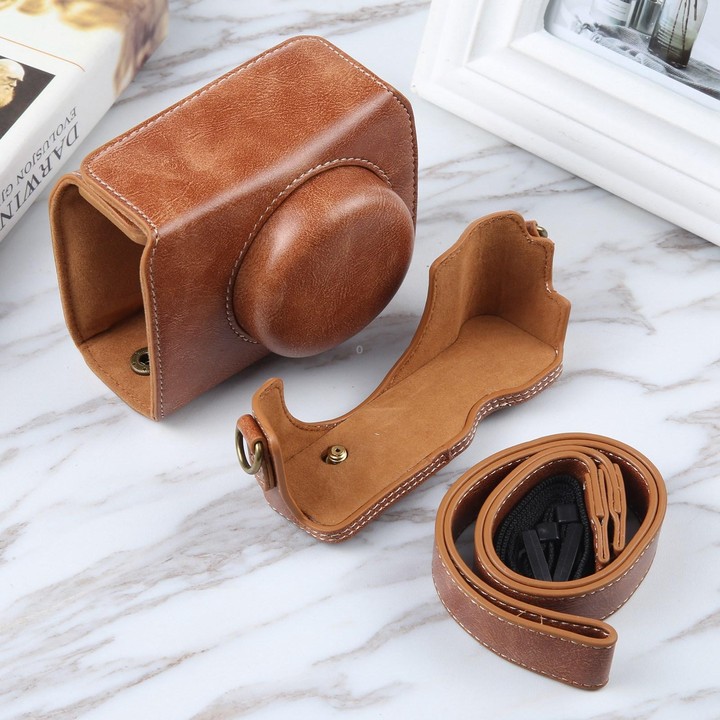 For Sony ZV-1F Vlog Camera Full Body Magnetic Leather Camera Case Bag with Strap(Brown)