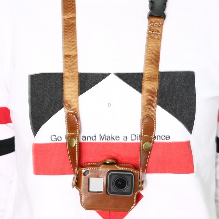 For GoPro HERO7 Black /6 /5 PU Leather Housing Case with Neck Strap & Buttons(Coffee)
