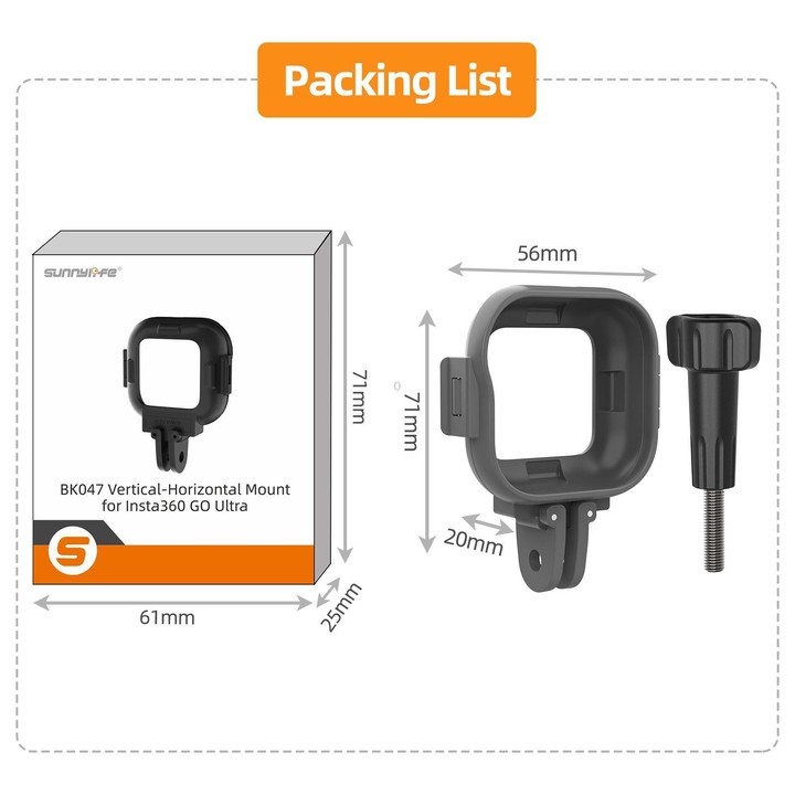 For Insta360 GO Ultra Sunnylife Foldable Vertical-Horizontal Adapter Mount Protective Frame Mounting Brackets Housing Cover (Bla