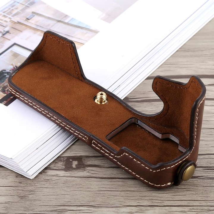 1/4 inch Thread PU Leather Camera Half Case Base for Olympus EM5 / EM5 Mark II (Coffee)