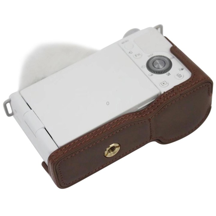 1/4 inch Thread PU Leather Camera Half Case Base for Sony ZV-E10 / ZV-E10L (Coffee)
