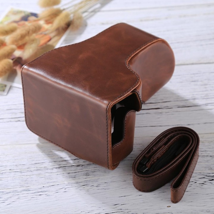 Full Body Camera PU Leather Case Bag with Strap for Canon EOS M6 (18-150mm Lens) (Coffee)