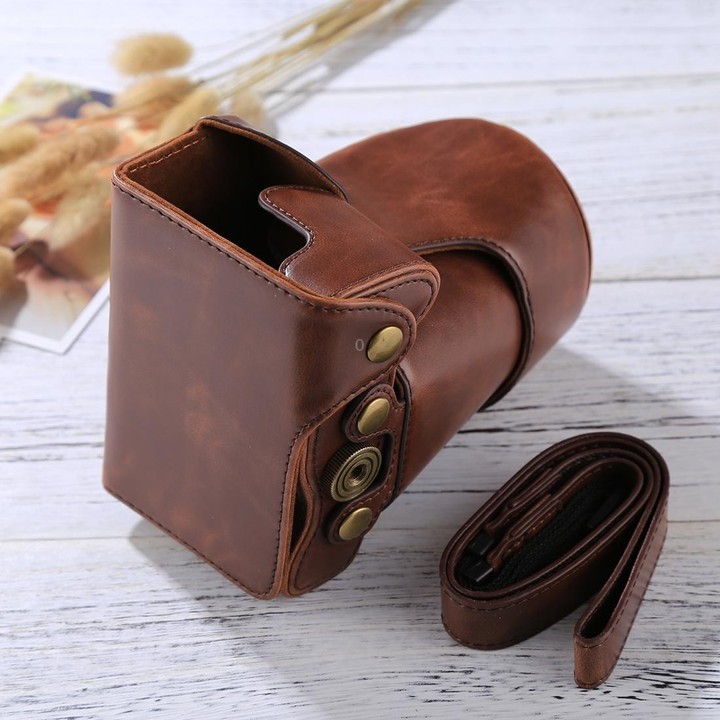Full Body Camera PU Leather Case Bag with Strap for Canon EOS M6 (18-150mm Lens) (Coffee)