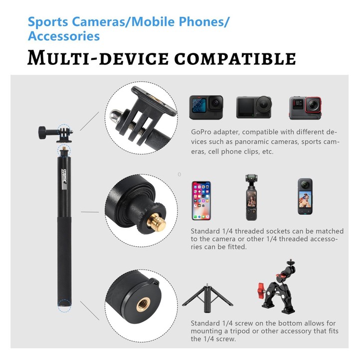 STARTRC 1.3m Handheld Extendable Pole Monopod for DJI, Insta360, GoPro and Other Action Cameras(Black)