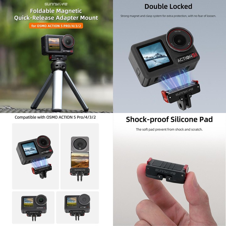 For DJI Osmo Action 5 Pro / 4 / 3 Sunnylife Foldable Magnetic Quick Release Mount + Magnetic Cold Shoe Adapter (Black)
