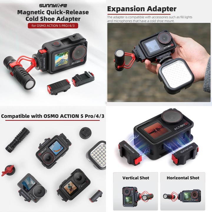 For DJI Osmo Action 5 Pro / 4 / 3 Sunnylife Foldable Magnetic Quick Release Mount + Magnetic Cold Shoe Adapter (Black)