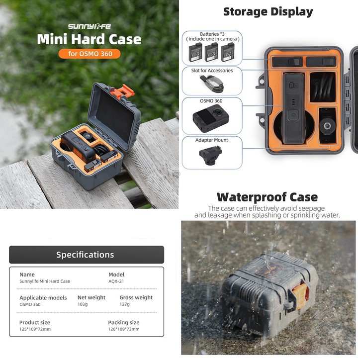 For DJI Osmo 360 Sunnylife Mini Travel Box Waterproof Carrying Box Shock-proof Hard Shell (Grey)