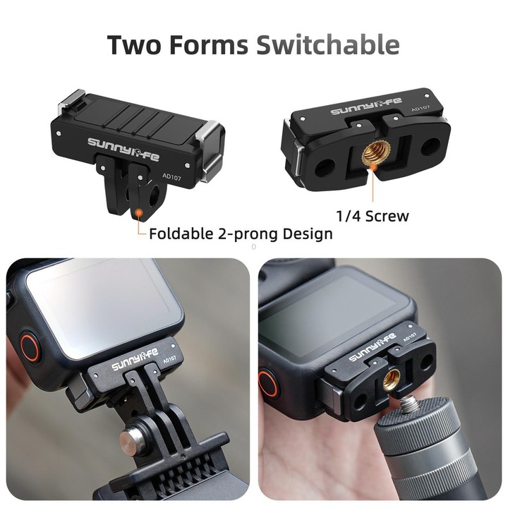 For DJI Osmo 360 Sunnylife Dual-Direction Magnetic Mount Quick-Release 1/4 Screw Foldable 2-prong Design Adapter Mount (Black)