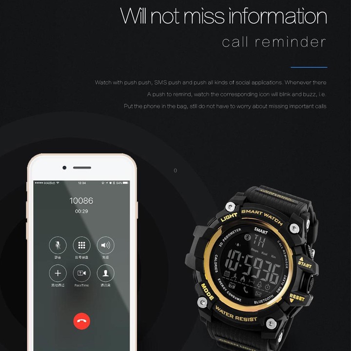 Lokmat MK16 LCD Screen 50m Waterproof Smart Watch, Support Information Reminder / Remote Camera / Walking Motion Monitor(Black)