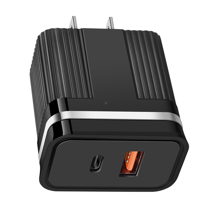 RSY USB + USB-C / Type-C Dual Ports Fast Charging Travel Charger, US Plug(Black)
