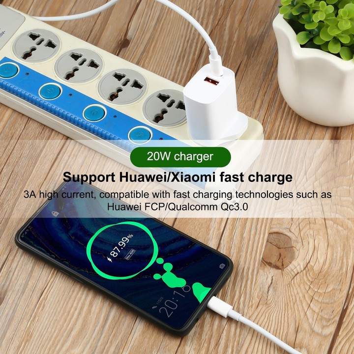 E087 20W USB-C / Type-C + USB Ports Charger with 100W Type-C to Type-C Fast Charging Cable 2m, UK Plug