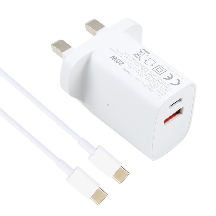 E087 20W USB-C / Type-C + USB Ports Charger with 100W Type-C to Type-C Fast Charging Cable 2m, UK Plug