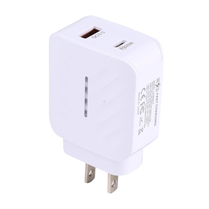 LZ-822A+C PD 20W USB-C / Type-C + QC 3.0 USB Fast Travel Charger, US Plug