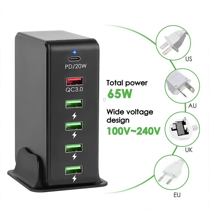 6 in 1 65W PD USB-C / Type-C + QC 3.0 USB + 4 USB Multi-port Travel Charger, US Plug(Black)