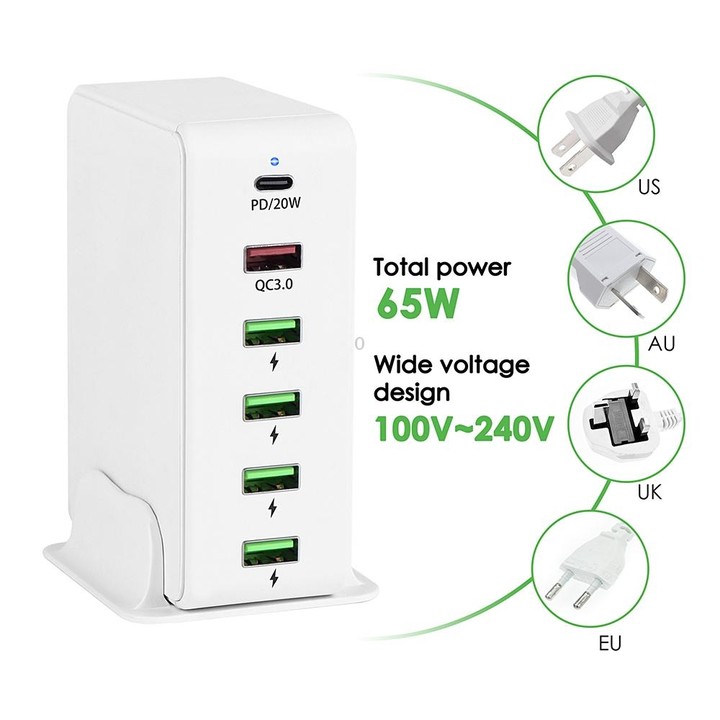 6 in 1 65W PD USB-C / Type-C + QC 3.0 USB + 4 USB Multi-port Travel Charger, US Plug(White)