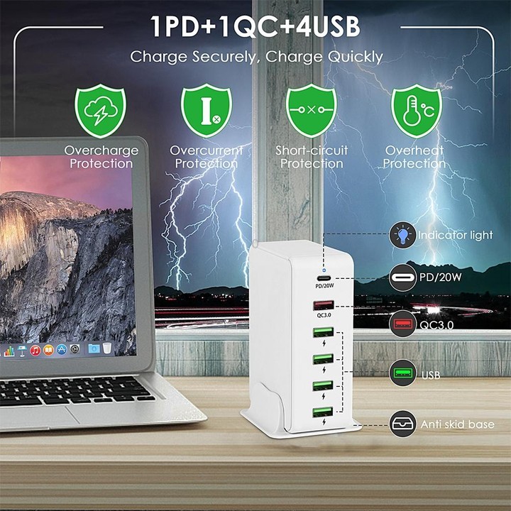 6 in 1 65W PD USB-C / Type-C + QC 3.0 USB + 4 USB Multi-port Travel Charger, US Plug(White)