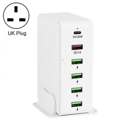 6 in 1 65W PD USB-C / Type-C + QC 3.0 USB + 4 USB Multi-port Travel Charger, UK Plug(White)