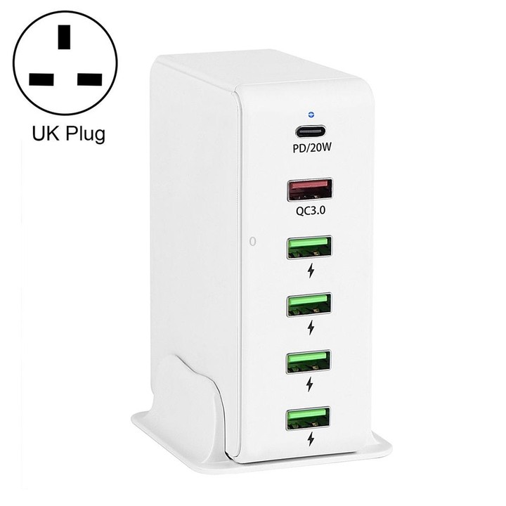 6 in 1 65W PD USB-C / Type-C + QC 3.0 USB + 4 USB Multi-port Travel Charger, UK Plug(White)