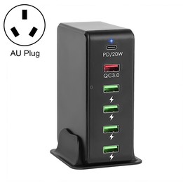 6 in 1 65W PD USB-C / Type-C + QC 3.0 USB + 4 USB Multi-port Travel Charger, AU Plug(Black)