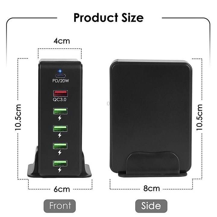 6 in 1 65W PD USB-C / Type-C + QC 3.0 USB + 4 USB Multi-port Travel Charger, AU Plug(Black)