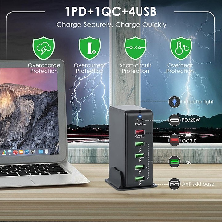 6 in 1 65W PD USB-C / Type-C + QC 3.0 USB + 4 USB Multi-port Travel Charger, AU Plug(Black)